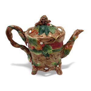 FITZ & FLOYD Classics Christmas Lodge Teapot With Pinecone and Leaf Design